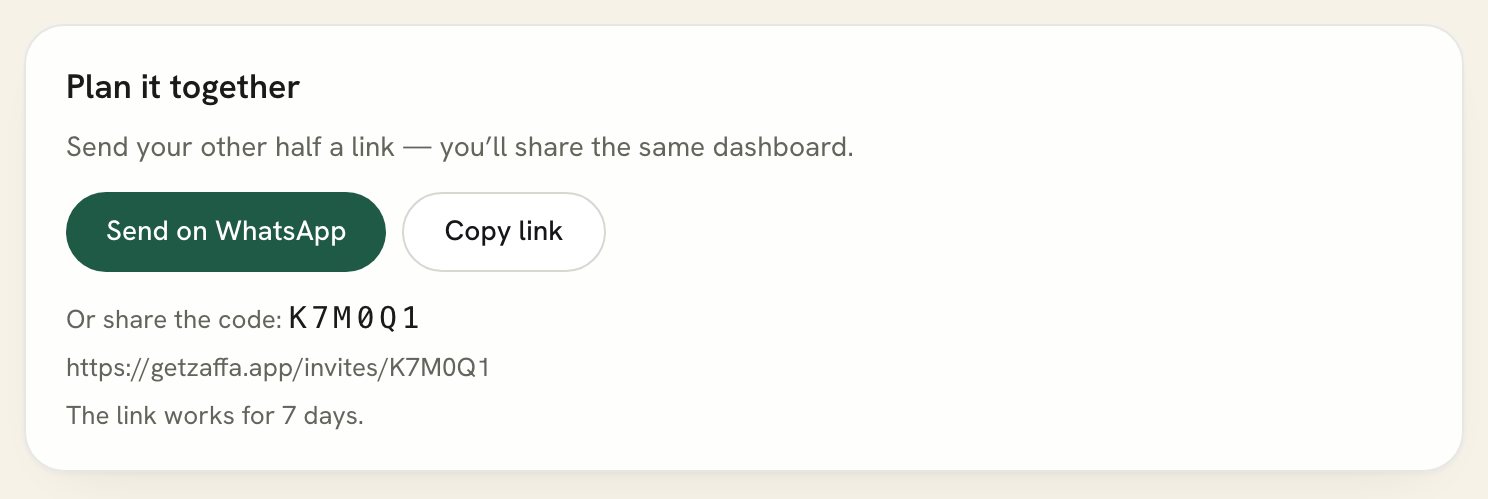 Plan it together: send your other half a link, with Send on WhatsApp and Copy link