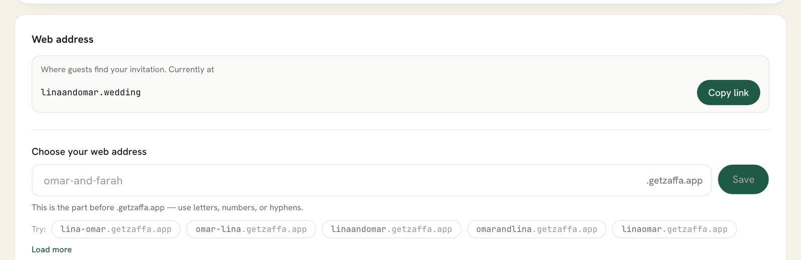 The web address card: currently at linaandomar.wedding, with Copy link and suggested addresses