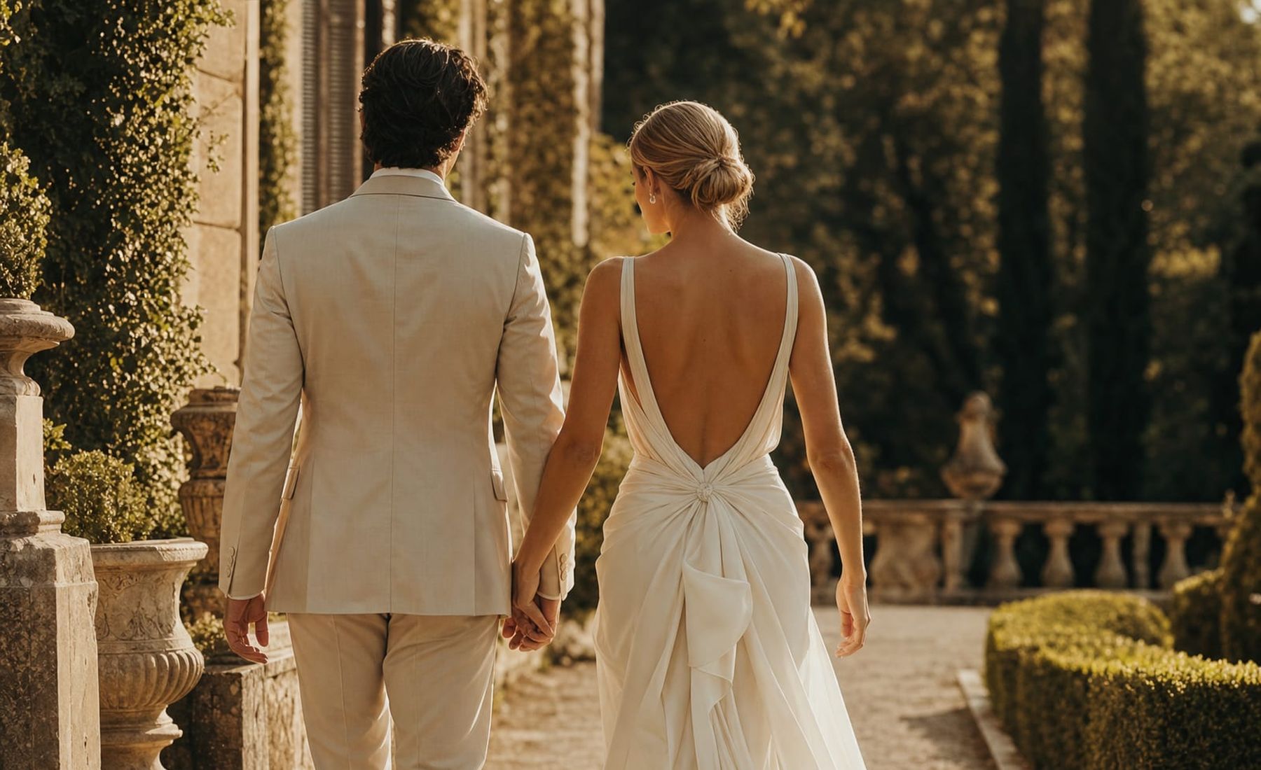 A bride and groom walking through a garden at golden hour