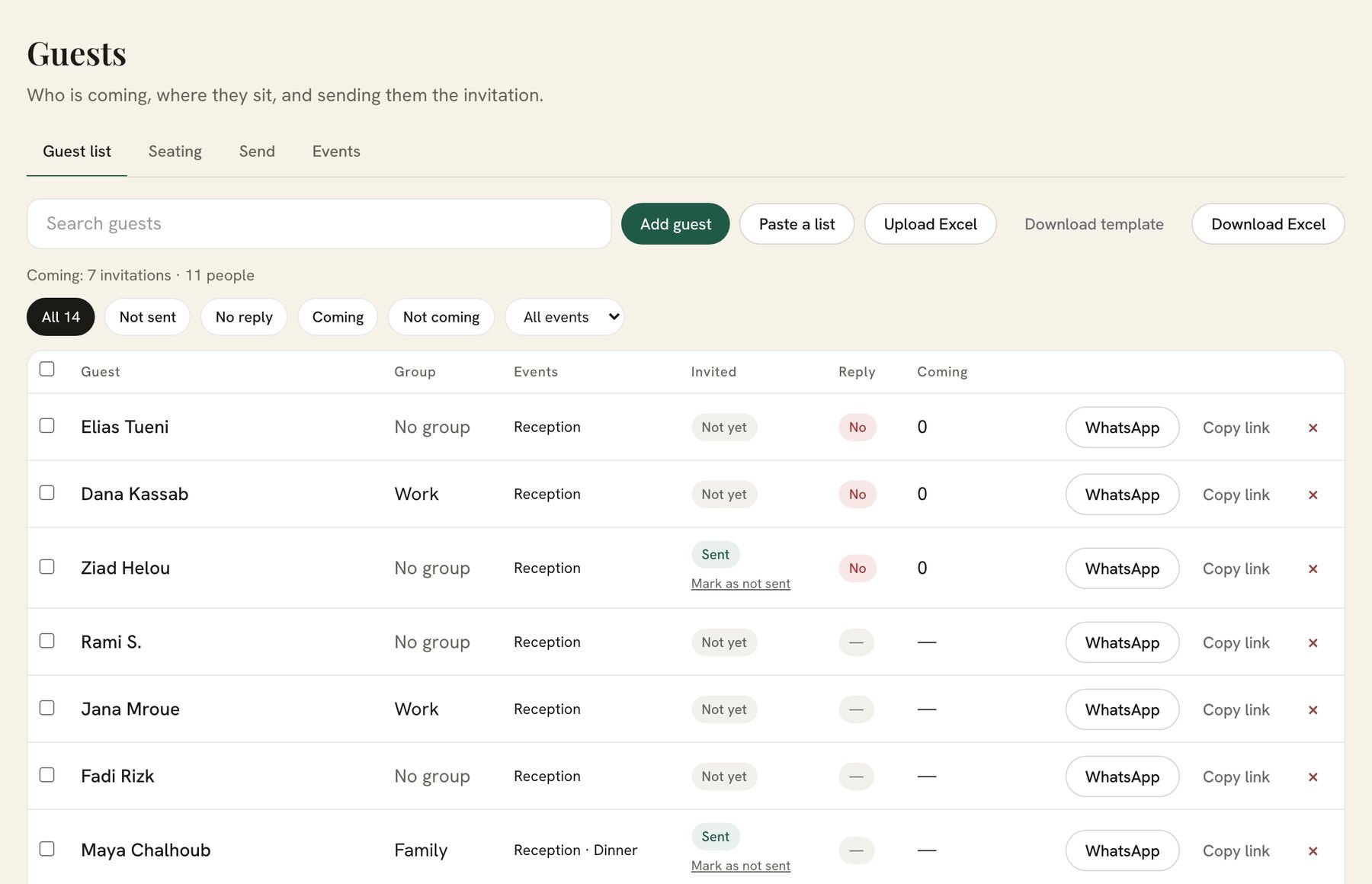The Zaffa guest list: search, Add guest, Paste a list, Upload Excel, Download Excel, filters and each guest’s reply