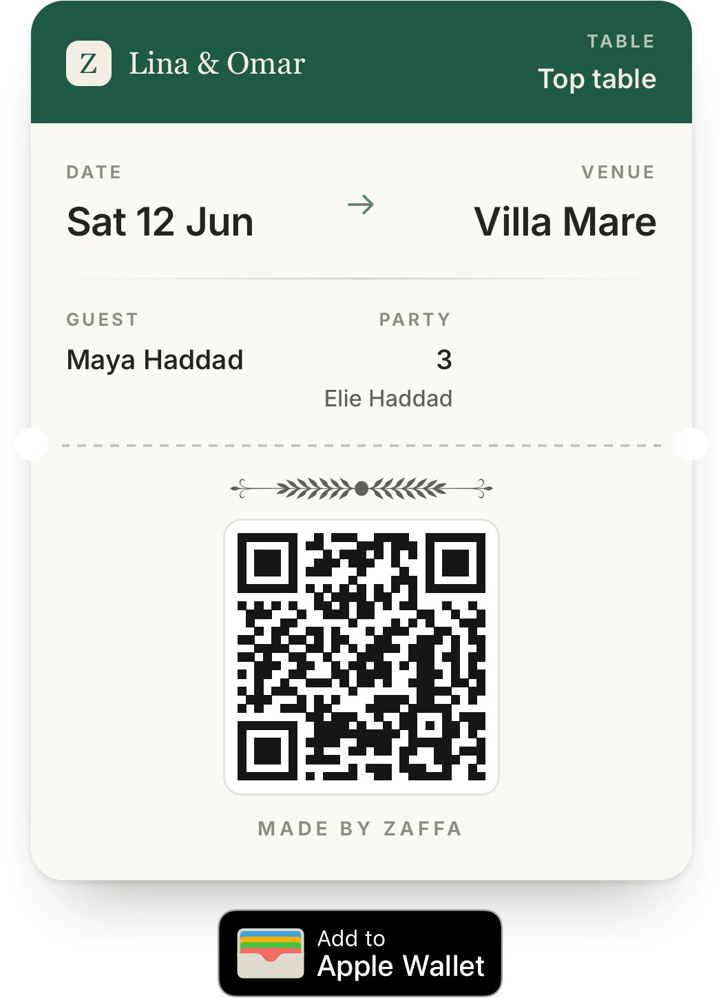 A guest ticket for Lina and Omar’s wedding: Top table, Saturday 12 June, Villa Mare, party of 3, with a QR code and Add to Apple Wallet