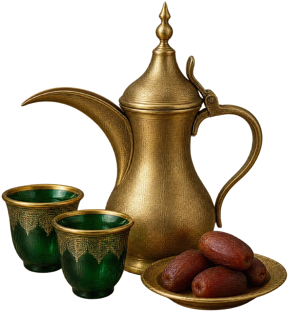 A gold coffee pot with two emerald cups and a plate of dates