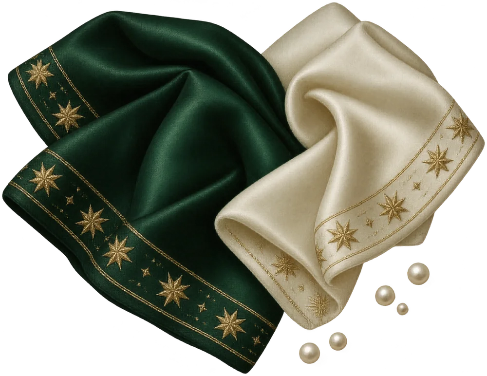 Folds of emerald and ivory silk embroidered with gold stars, and a few pearls