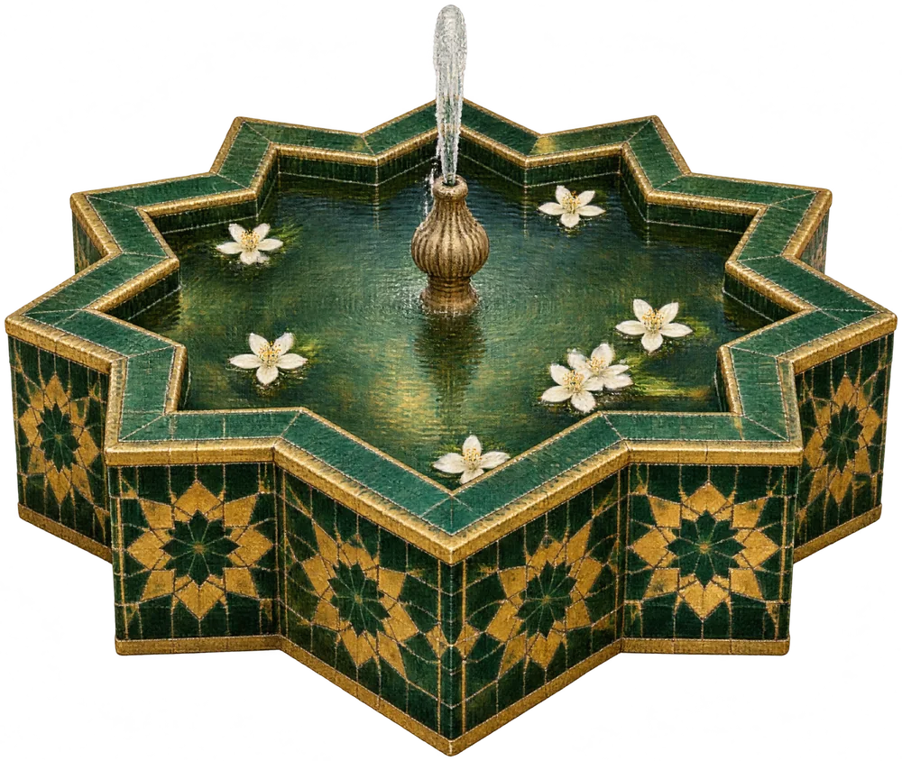 A twelve-point star fountain of emerald and gold tiles, with orange blossom in its basin
