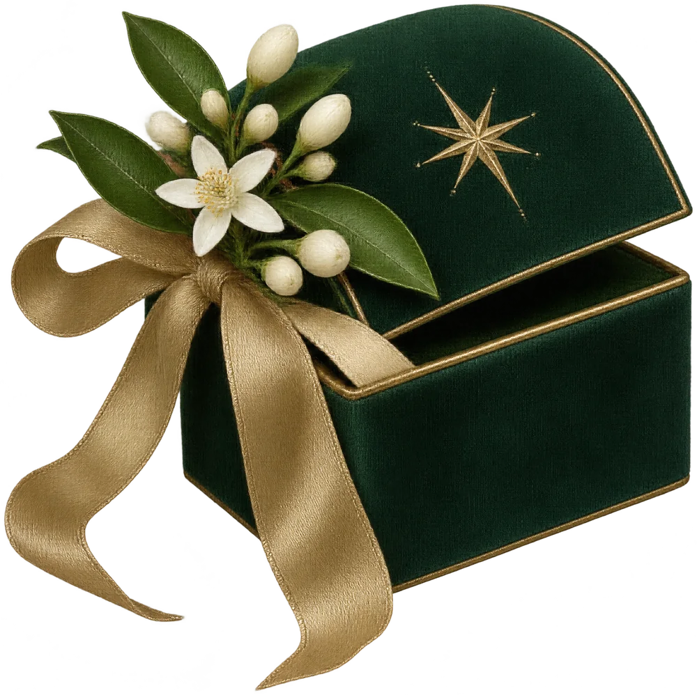 An emerald velvet gift box tied with a gold ribbon and orange blossom