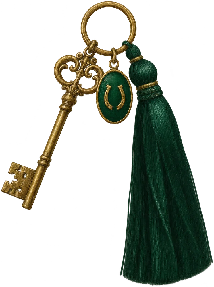 A gold key with an emerald tassel
