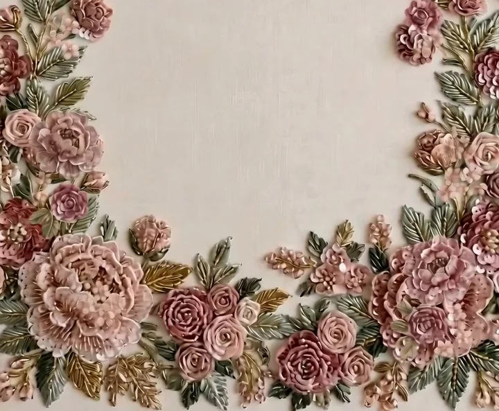 Embroidered roses and peonies in rose and gold beadwork