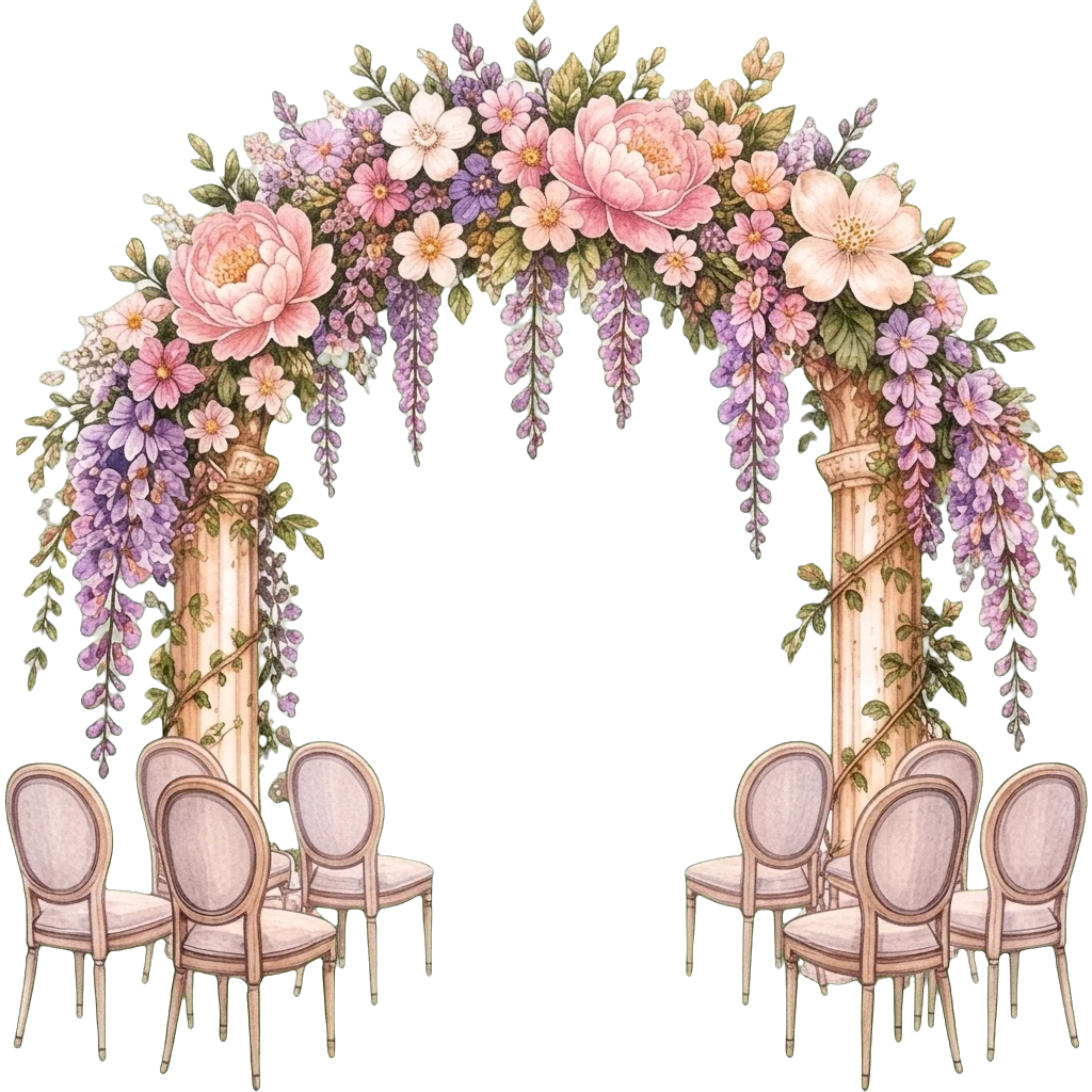 A wedding arch of pink peonies and wisteria with pale pink chairs