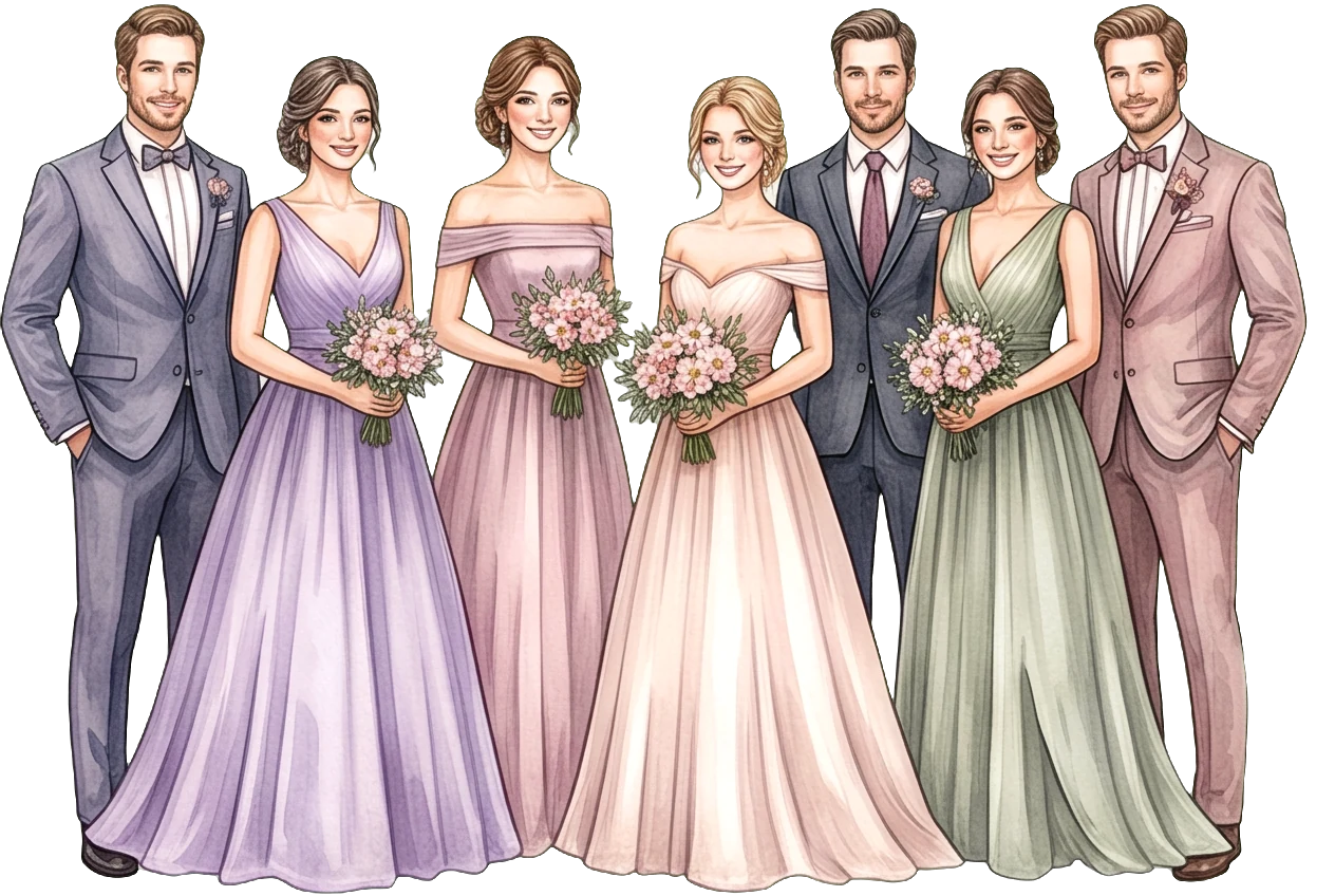 Illustration of a wedding party in lavender, blush and sage gowns with grey and rose suits