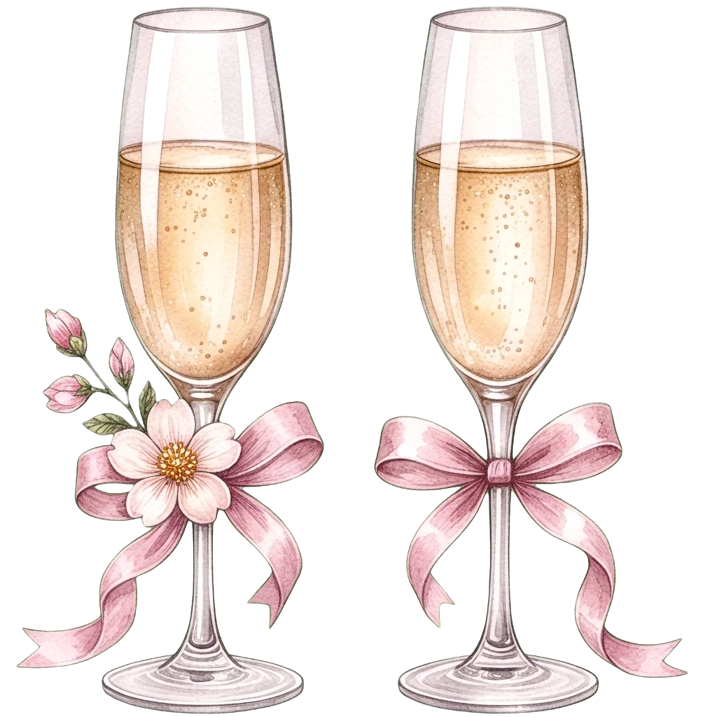 Two champagne flutes dressed with pink bows and blossoms