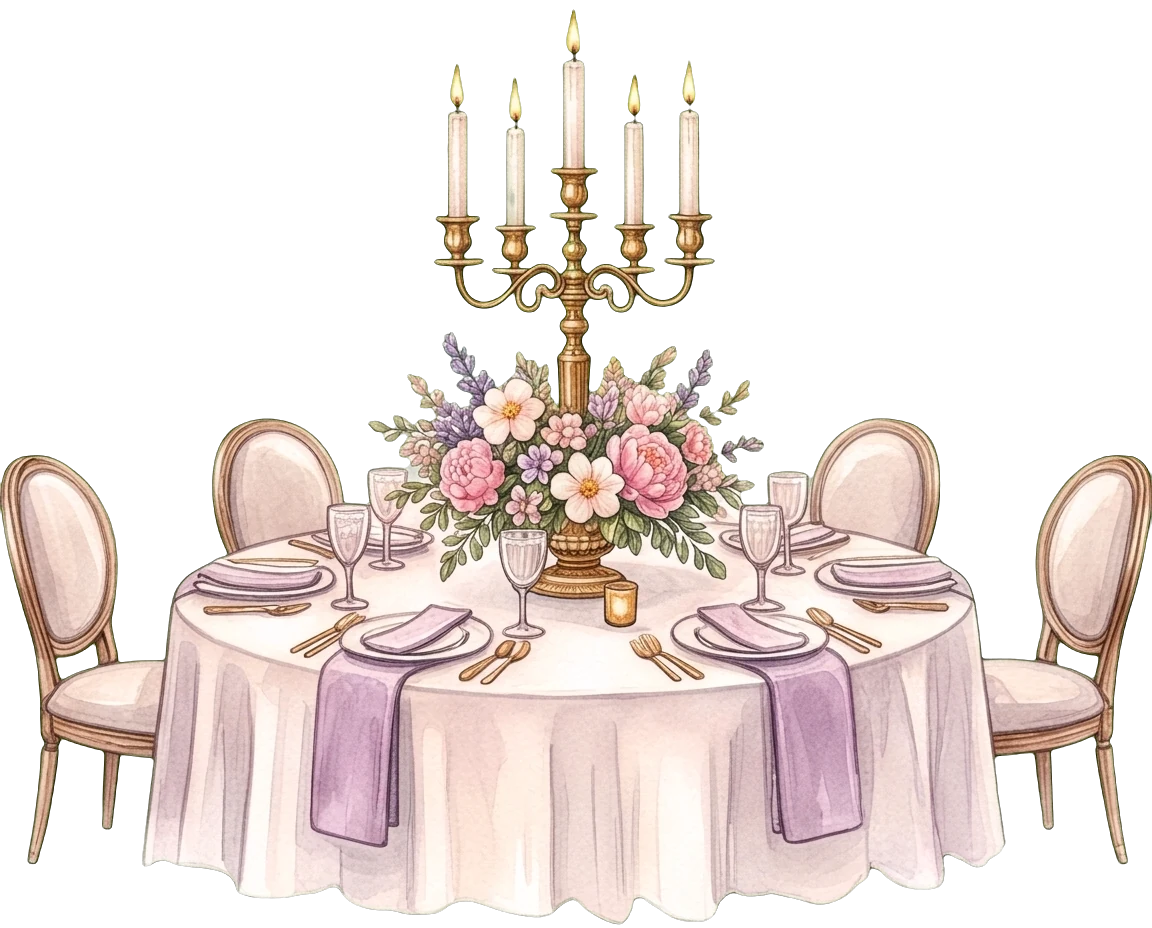 A round dinner table with a candelabra, roses and lilac napkins
