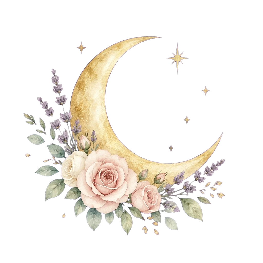 A golden crescent moon with roses and lavender