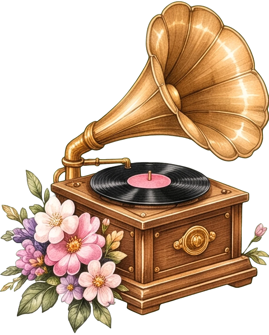 A vintage gramophone decorated with pink blossoms