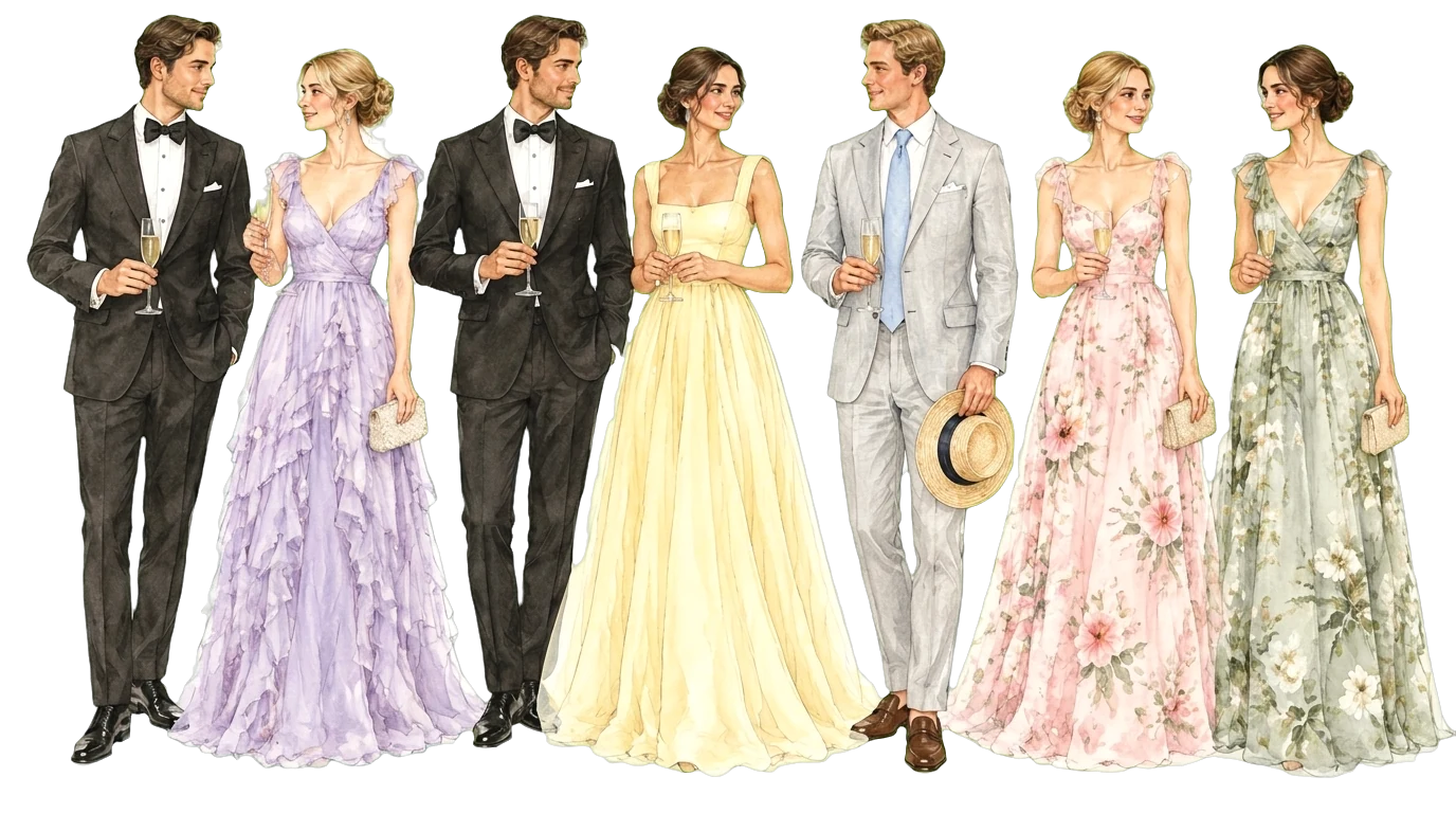Illustration of guests in tuxedos, pastel gowns and floral dresses