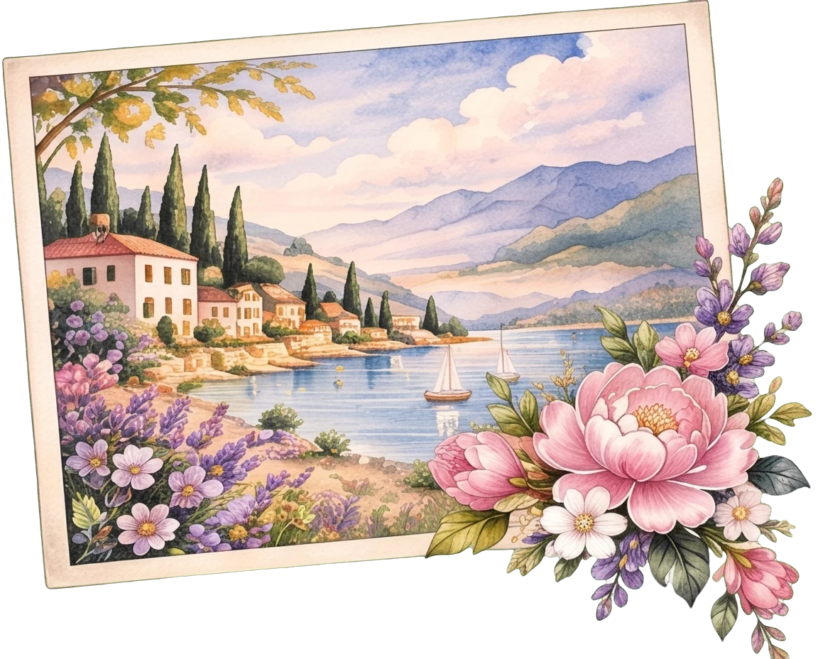 A painted postcard of a lakeside villa among lavender fields, with pink peonies