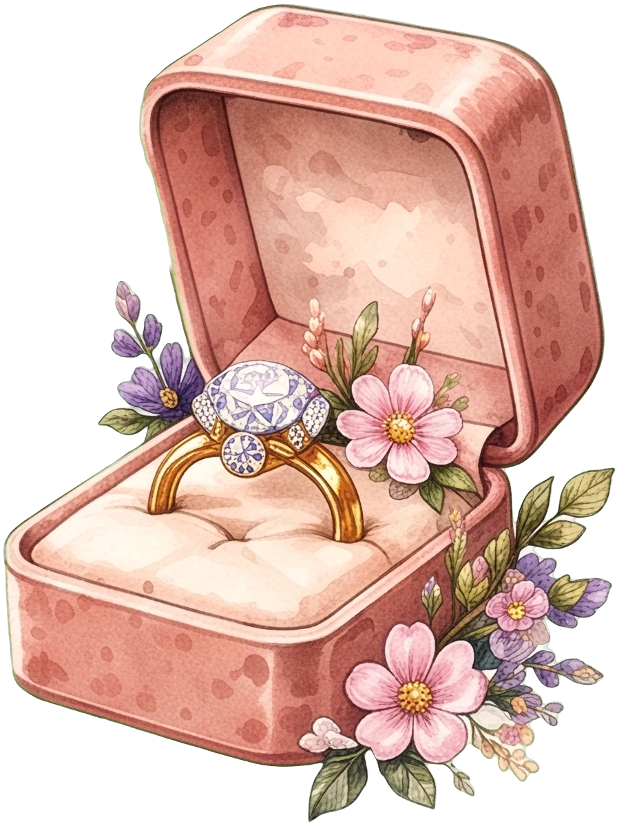 A rose-pink velvet ring box with a diamond ring and pink blossoms