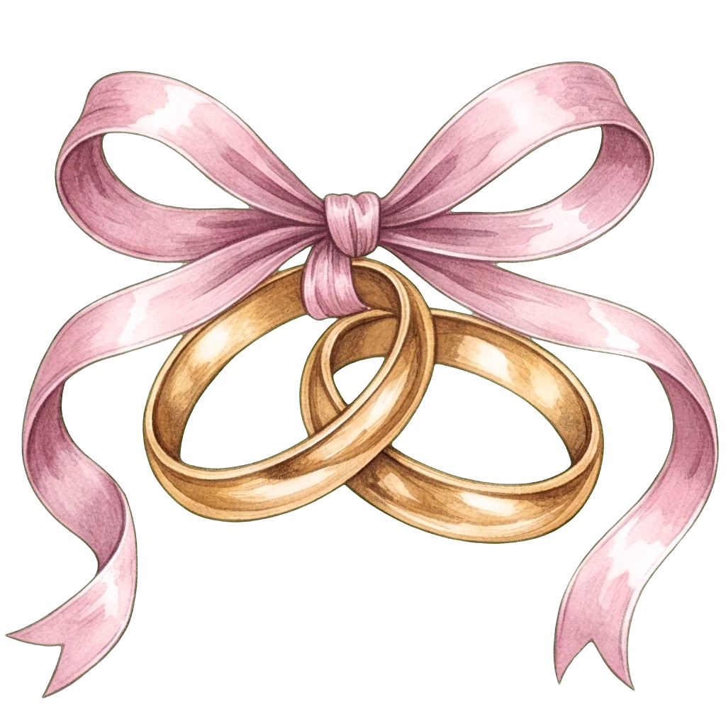 Two gold wedding rings tied with a pink silk bow