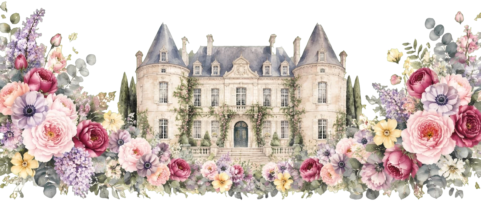 A grand chateau wreathed in roses and wisteria