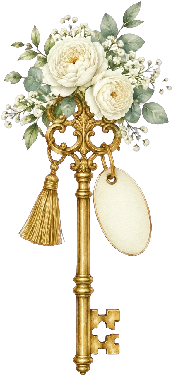 A gold key tied with roses and a tassel