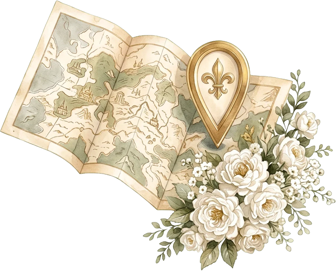 An illustrated map with a gold fleur-de-lis pin, among white roses