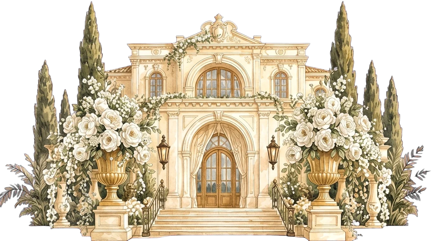 A golden palazzo framed by cypress trees and white roses