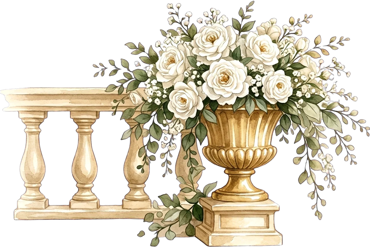 A stone balustrade and gilded urn overflowing with white roses