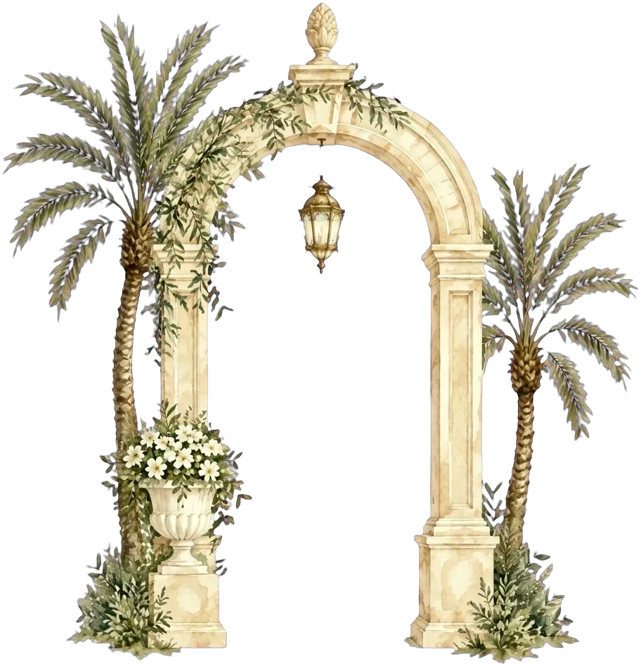 A sandstone garden arch with palms and a hanging lantern