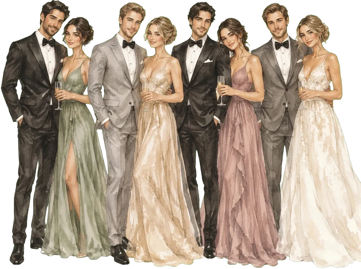 Illustration of guests in dark suits and sage, blush and champagne gowns