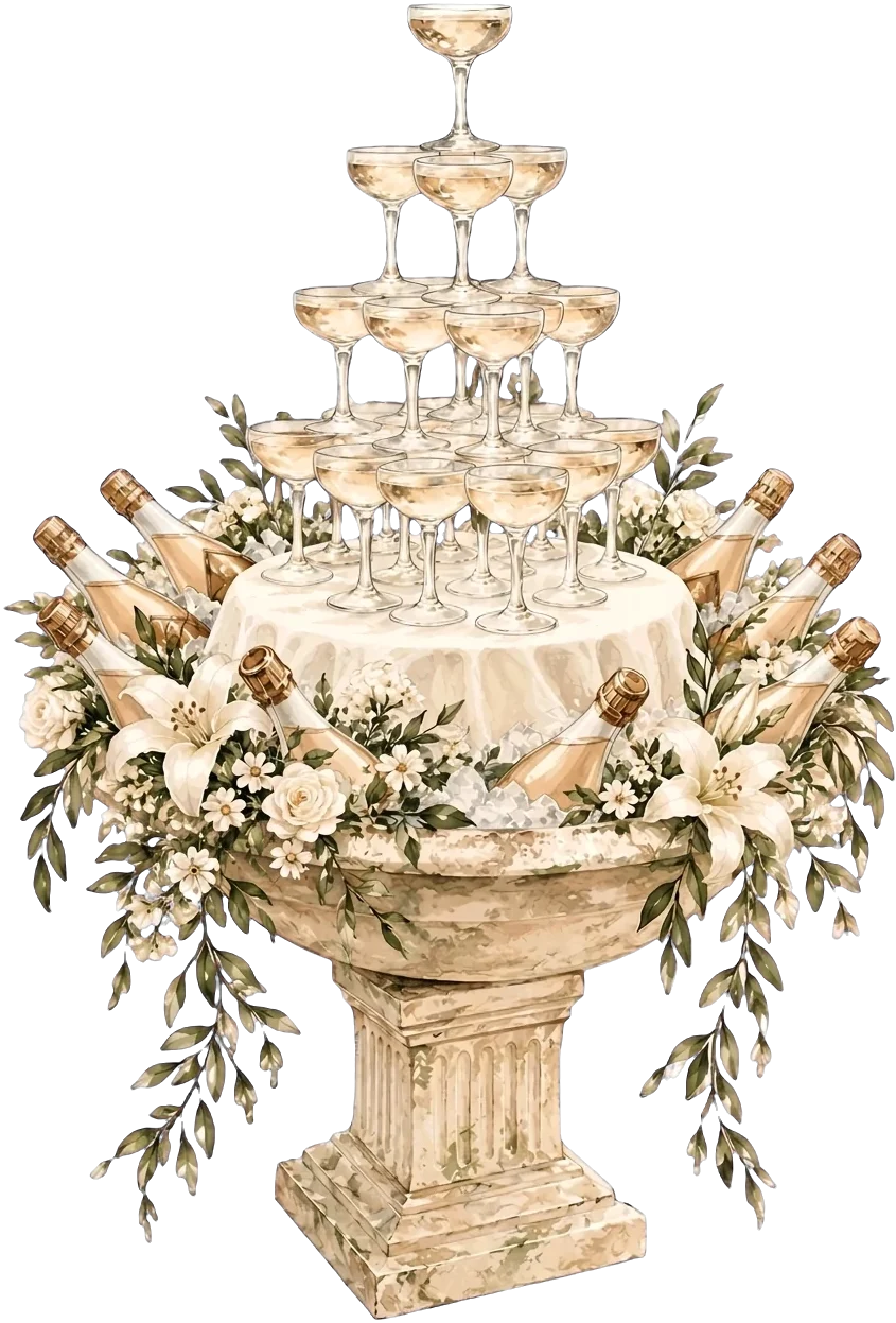A champagne tower on a stone pedestal ringed with lilies