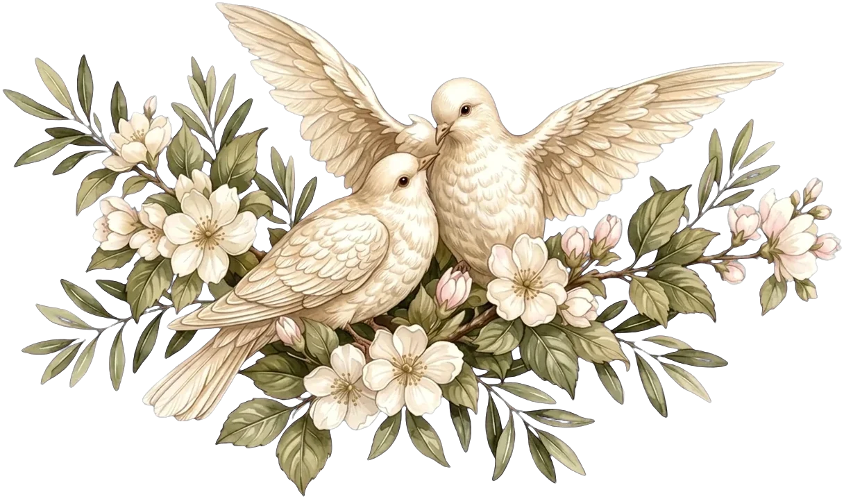 Two white doves among jasmine blossoms
