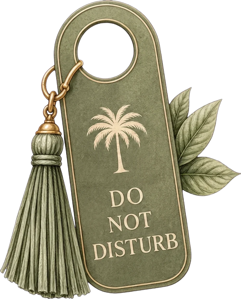 A green &lsquo;Do not disturb&rsquo; door hanger with a palm tree