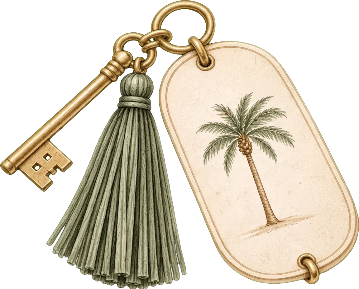 A brass key with a palm-tree tag and green tassel