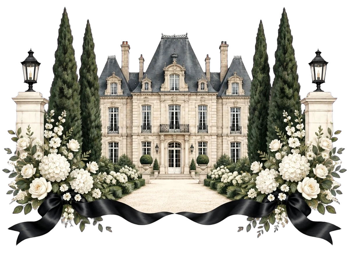 A grand ch&acirc;teau framed by cypress trees, white flowers and black ribbon