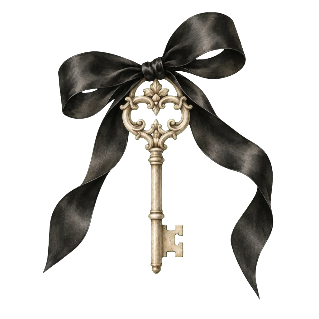 An antique key tied with a black silk bow