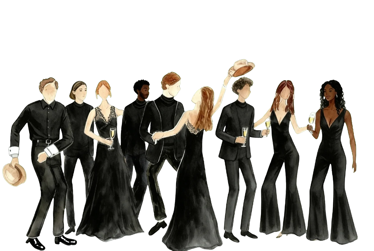 Illustration of guests dressed in black: tuxedos, suits and evening gowns