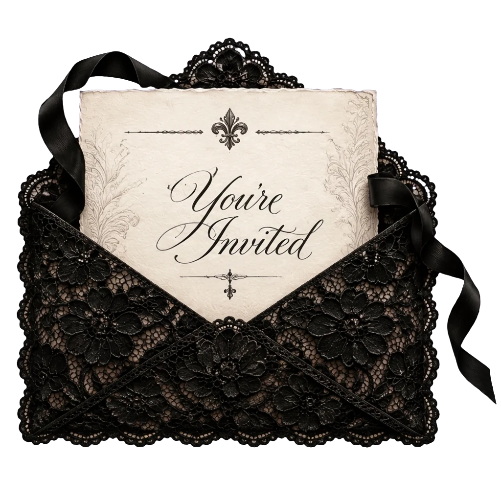 A black lace envelope opened to reveal a card reading &ldquo;You&rsquo;re Invited&rdquo;