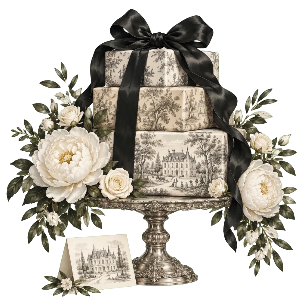 A tiered gift stack of toile boxes tied with black ribbon and cream peonies