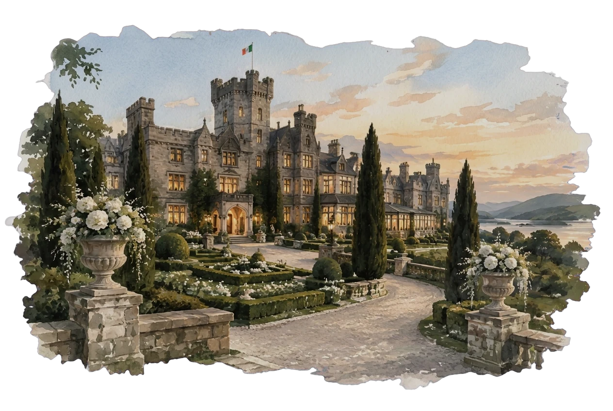 A castle hotel in a formal garden at sunset