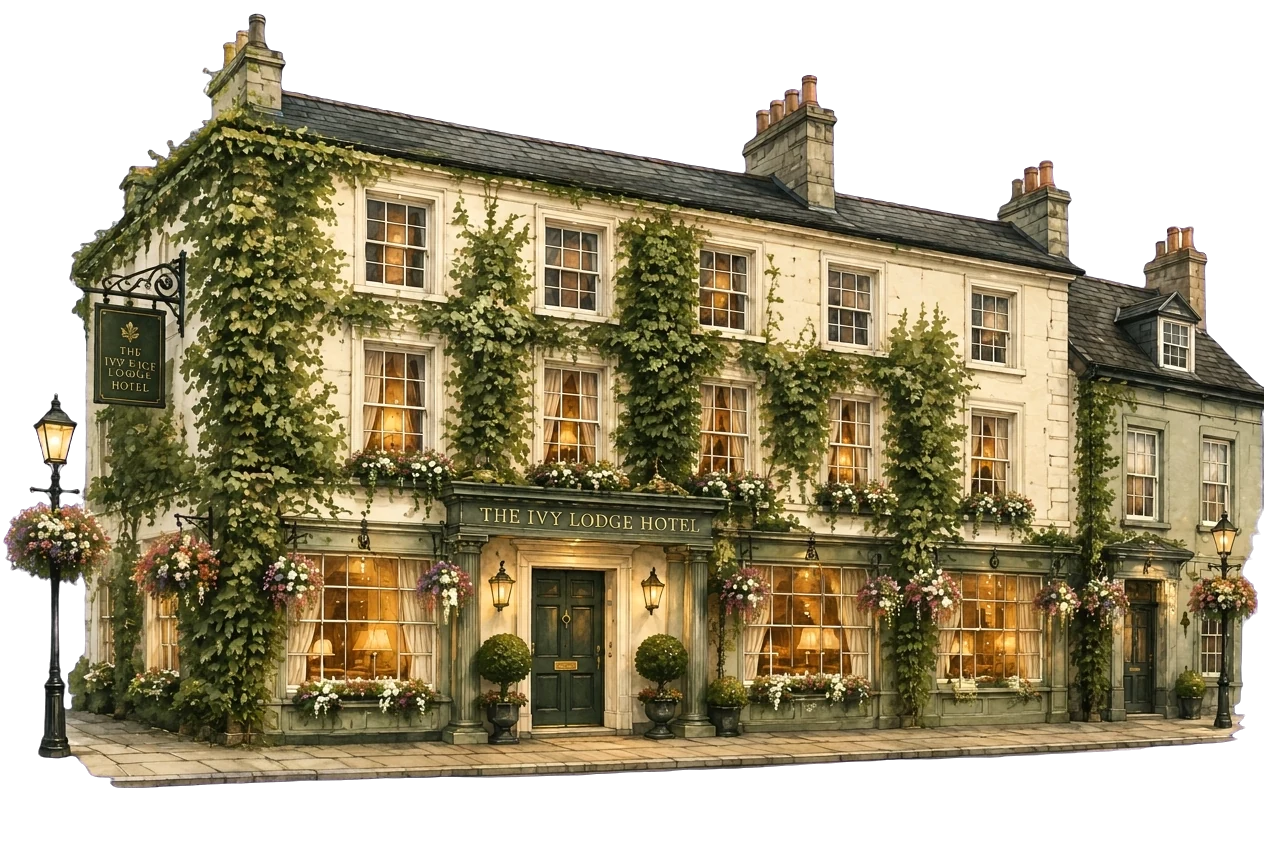 An ivy-covered inn glowing in the evening