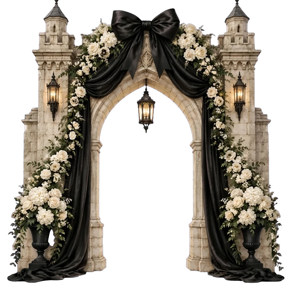 A stone gateway draped in black silk and white roses