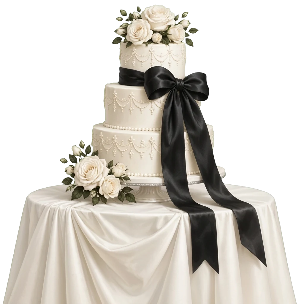 A white wedding cake with a black satin bow
