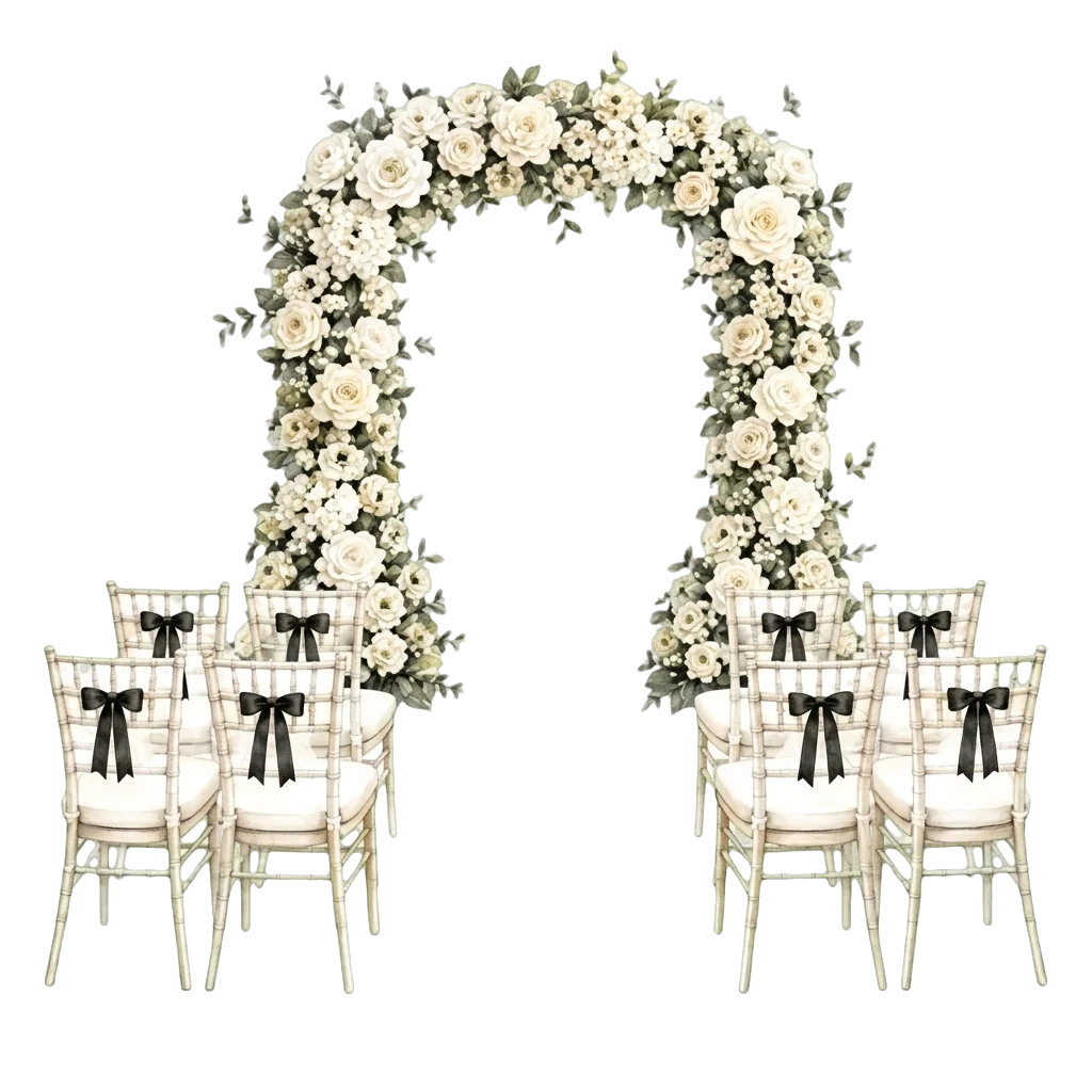 A white rose arch flanked by chairs tied with black bows