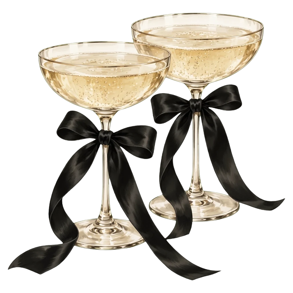 Two coupes of champagne tied with black ribbon