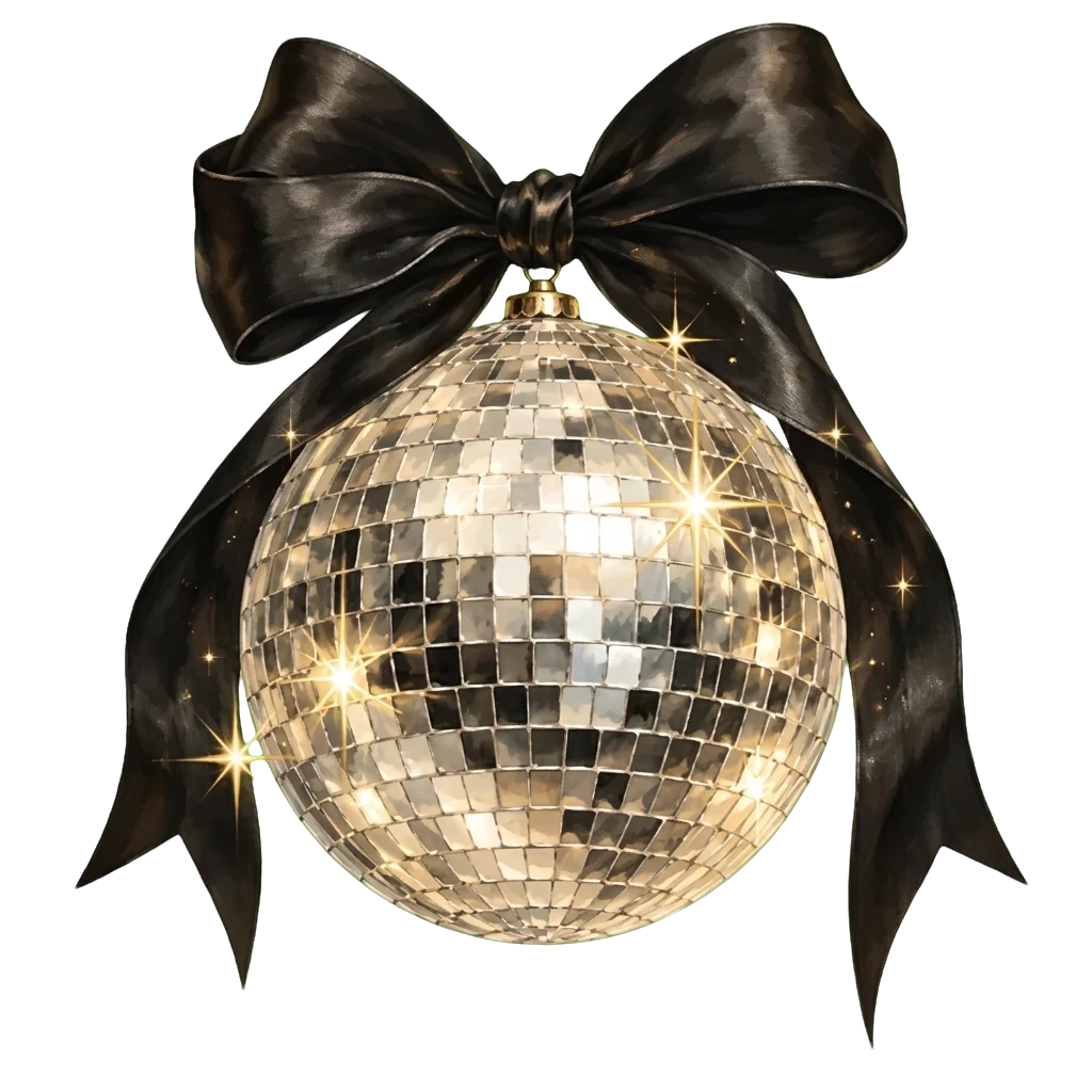 A mirror ball with a black satin bow