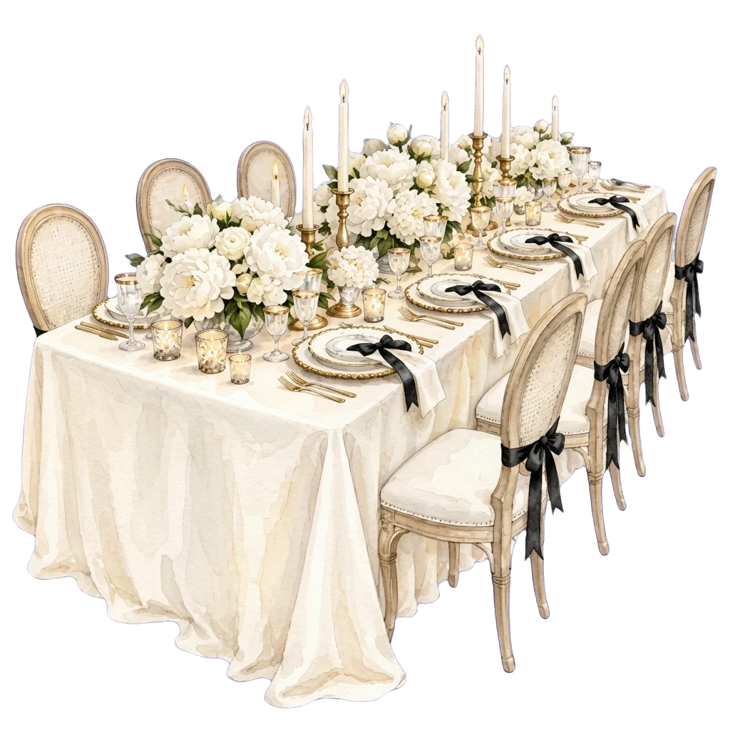 A long dinner table in ivory linen with white roses and candles