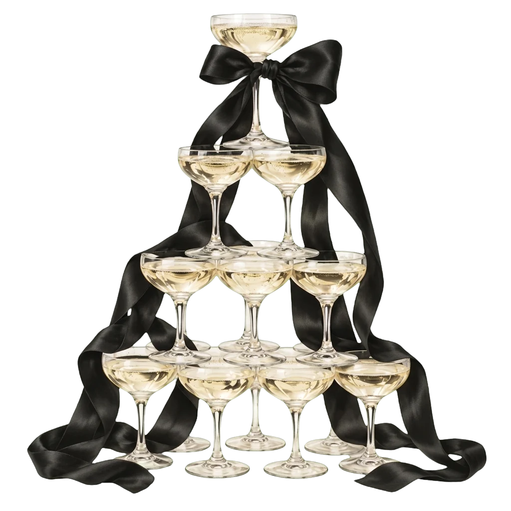 A champagne tower tied with long black ribbons