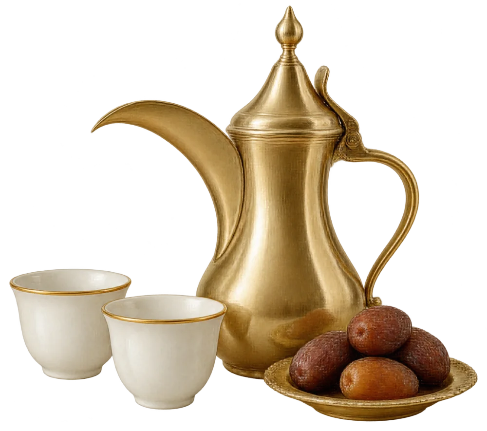 A brass coffee pot with two cups and a plate of dates