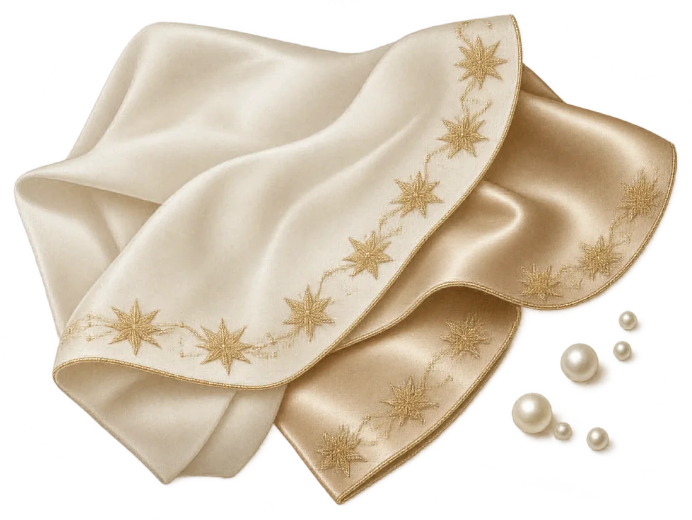 Folds of ivory silk embroidered with gold stars, and a few pearls