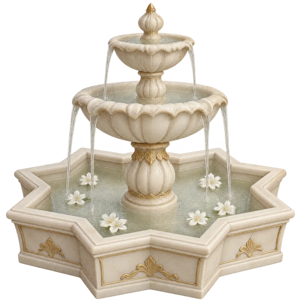 A carved marble fountain with jasmine floating in its basin