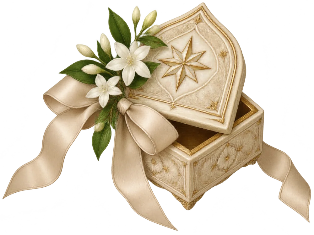 A carved ivory gift box tied with a satin ribbon and jasmine